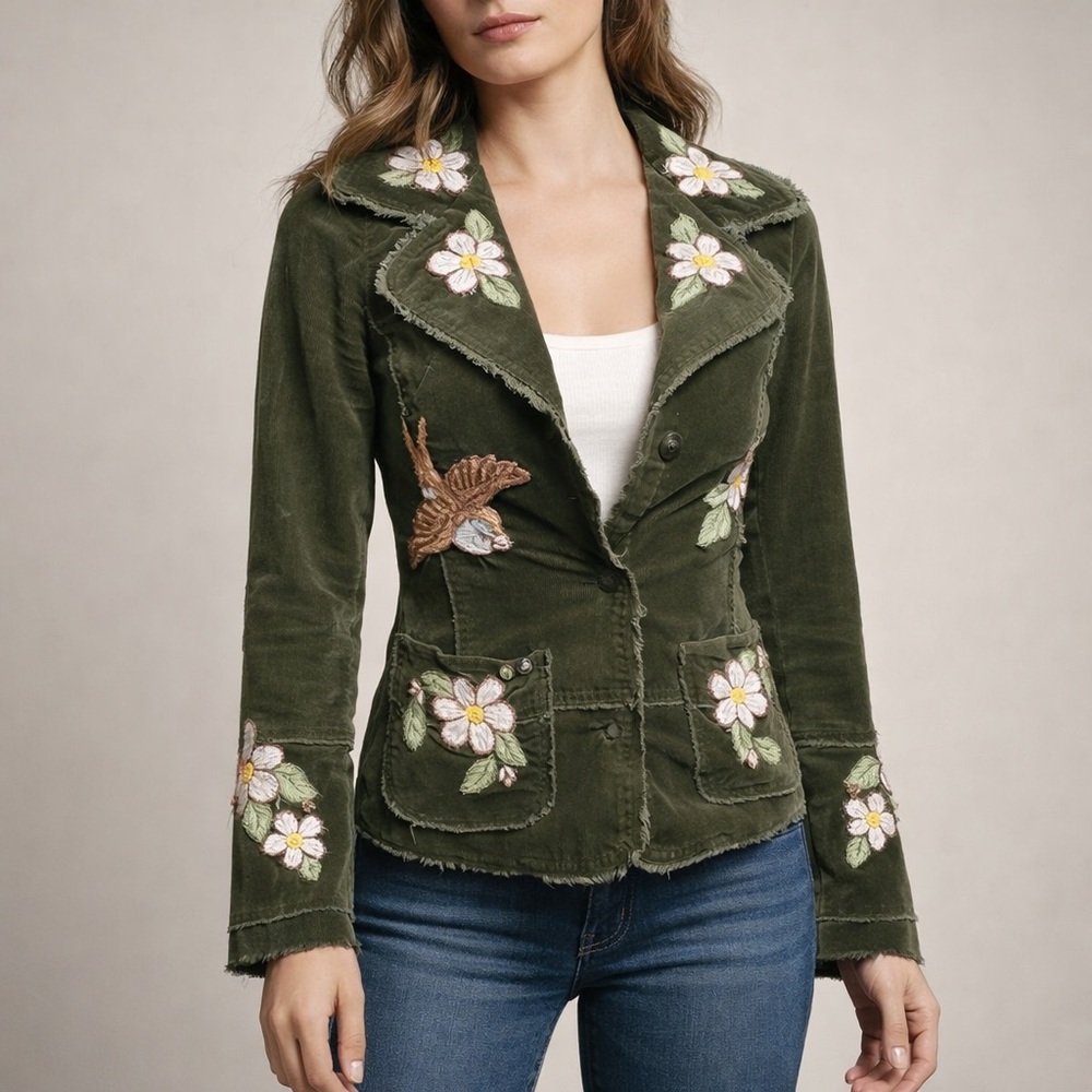 Joystick Hand-Embroidered Velvet Jacket — Size Small, Olive Green Boho Blazer